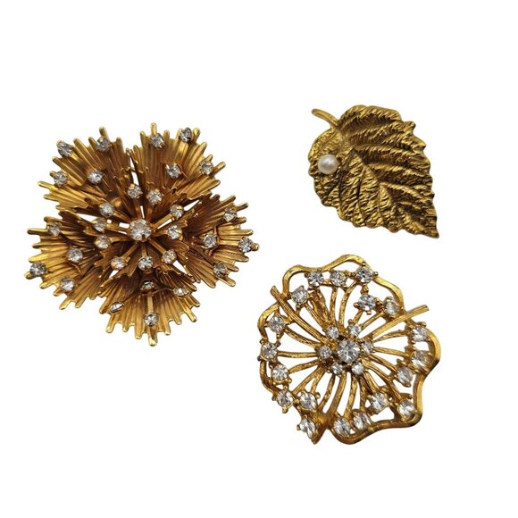 VTG Emmons Brooches Gold Tone Botanical Floral Leaves Elegant Classy 3PC Jewelry - Picture 1 of 16